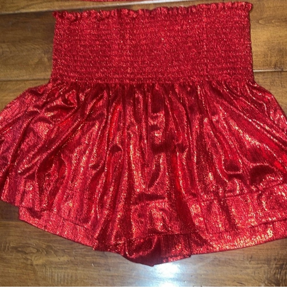 QUEEN OF SPARKLES Red Shimmer Mini Shorts.